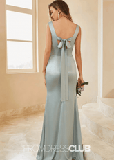 Tammy | Mermaid Straps Bows Sage Green Satin Long Bridesmaid Dress with Slit - Price #price_variant_lowest# - Sage - PromDressClub